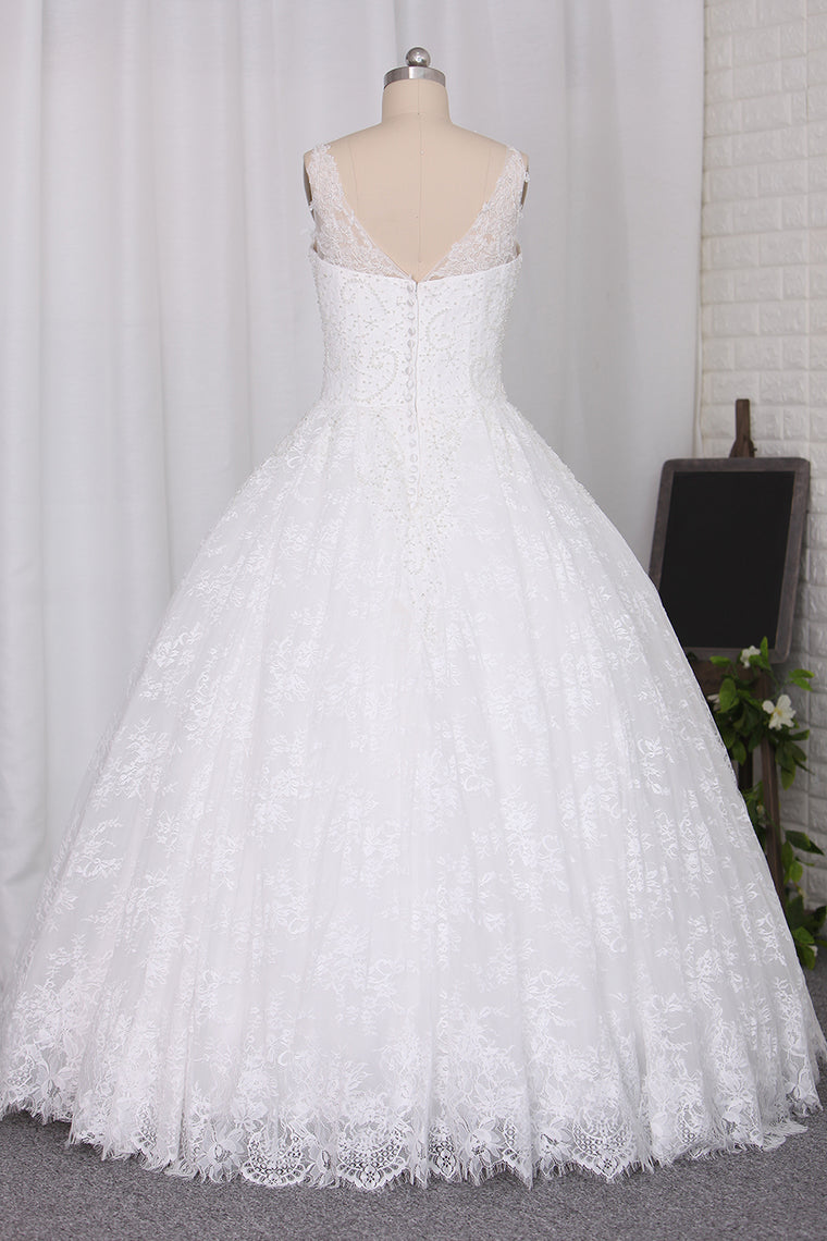 2024 New Wedding Dress Ball Gown Spaghetti Straps Floor-Length  Lace Zipper Back