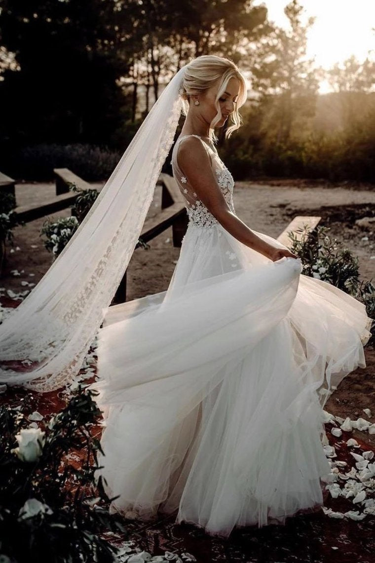 Elegant A Line V Neck Tulle Wedding Dresses With Flowers, V Back Beach Wedding Gowns