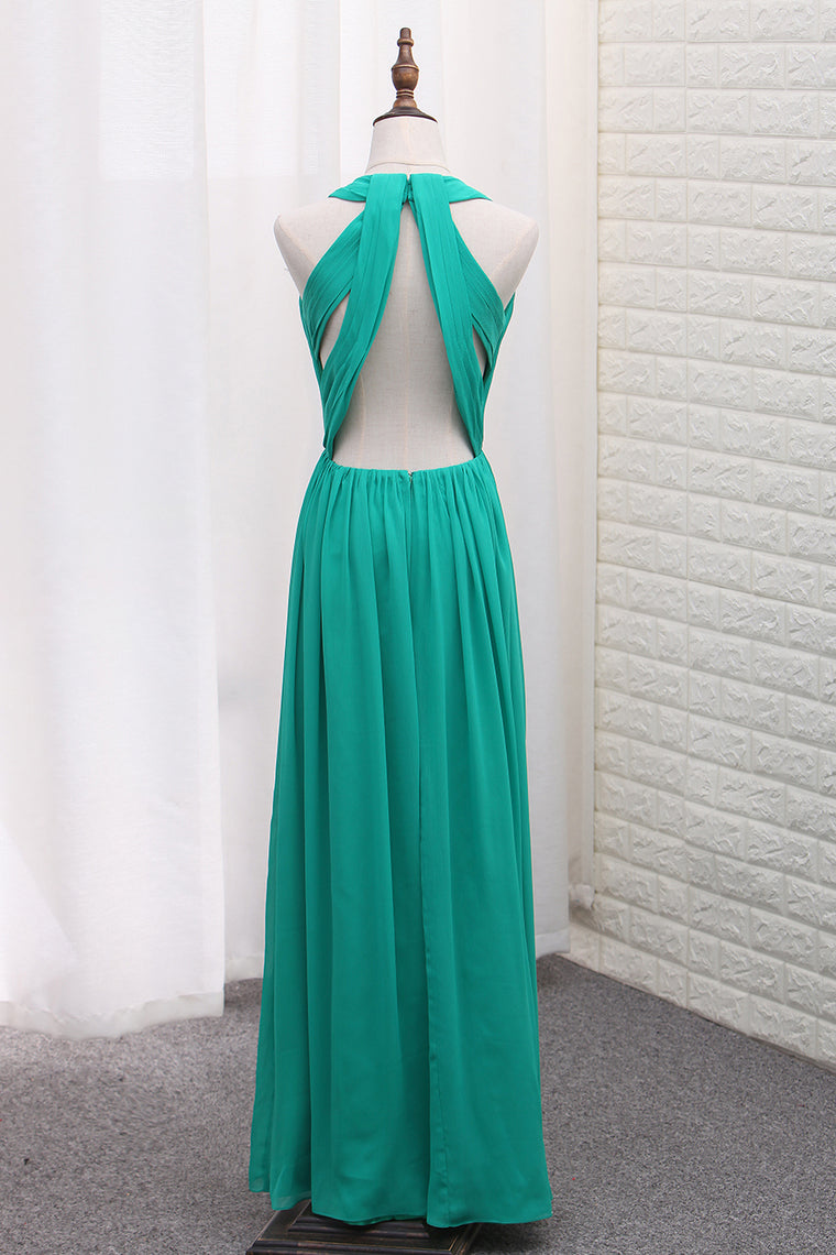 2024 Sexy Open Back A Line Prom Dresses Scoop Chiffon With Ruffles