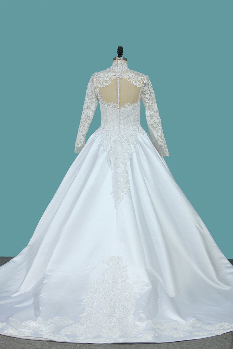 2024 A Line Long Sleeves High Neck Tulle With Applique Chapel Train Detachable Wedding Dresses