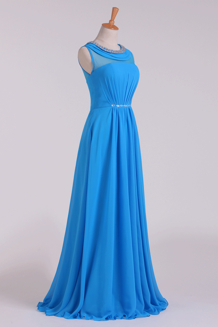 2024 Prom Dresses Scoop A Line Chiffon Beaded Floor Length