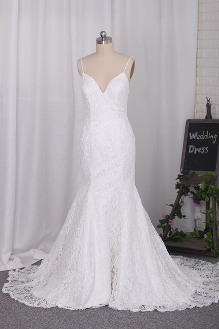 2024 Open Back Lace Spaghetti Straps Sweep Train Wedding Dresses