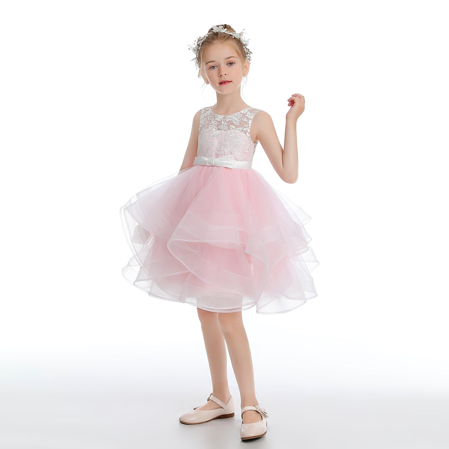 Pink Layered V Back Tulle Flower Girl Dresses