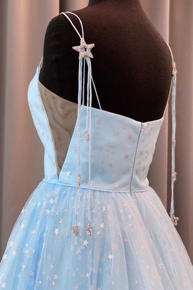 Charming A Line Spaghetti Straps Tulle Prom Dresses With Stars, Dance Dresses