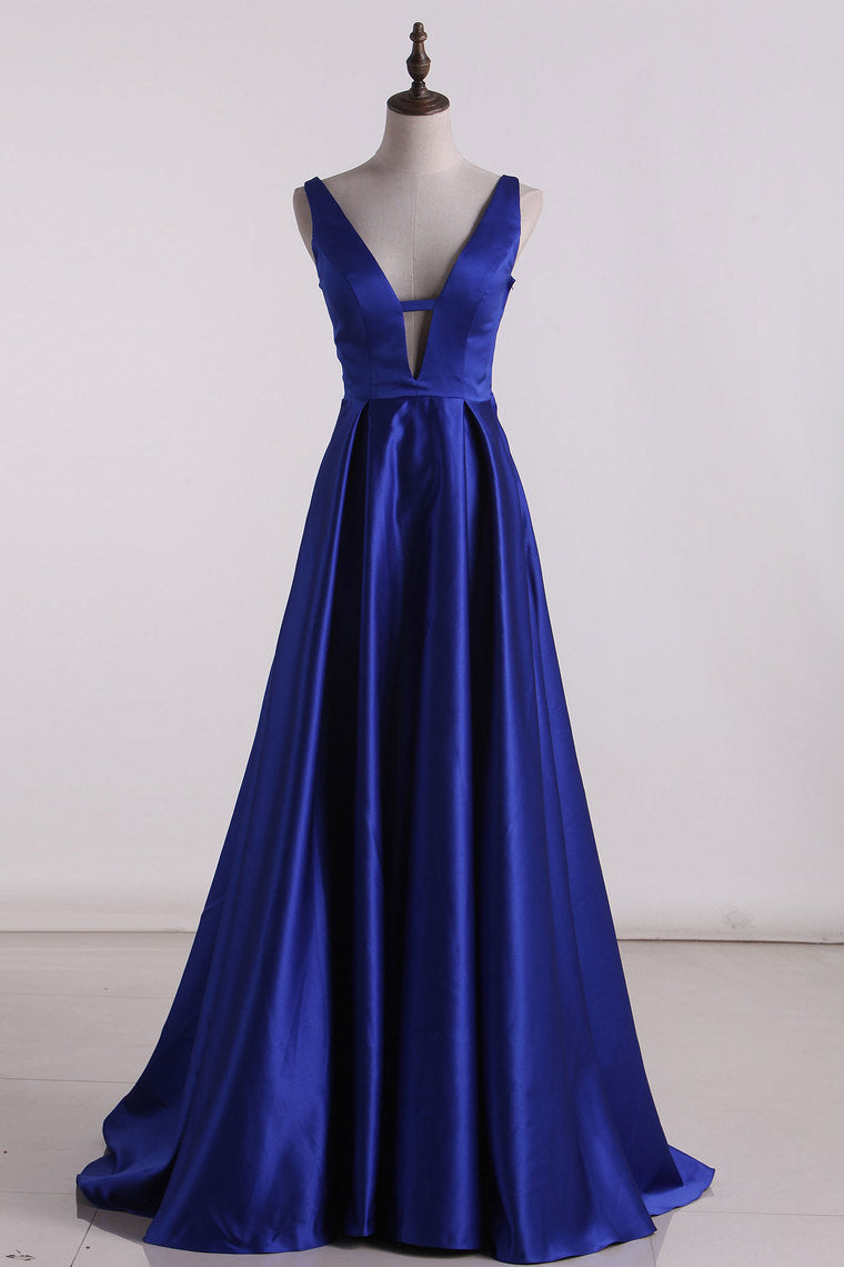 2024 Evening Dresses A Line V Neck Satin Sweep Train Open Back