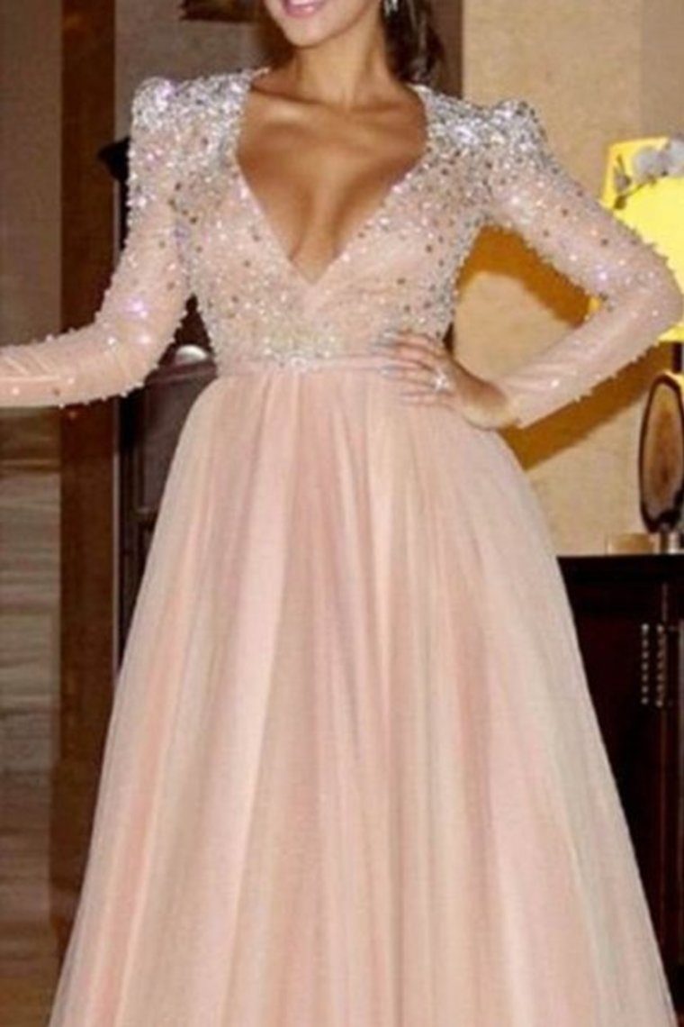 Elegant A Line Long Sleeve Deep V Neck Beads Tulle Long Prom Dresses