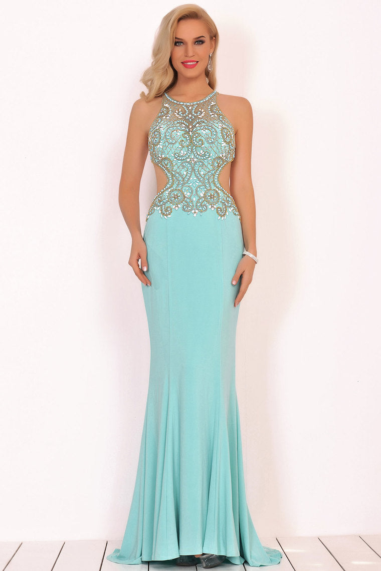 2024 Prom Dresses Scoop Beaded Bodice Mermaid Spandex Open Back