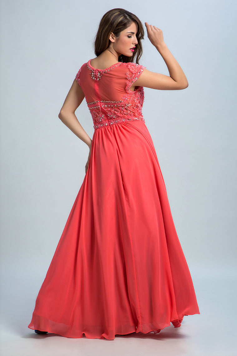 2024 Prom Dresses Scoop A Line Chiffon With Beading Cap Sleeves