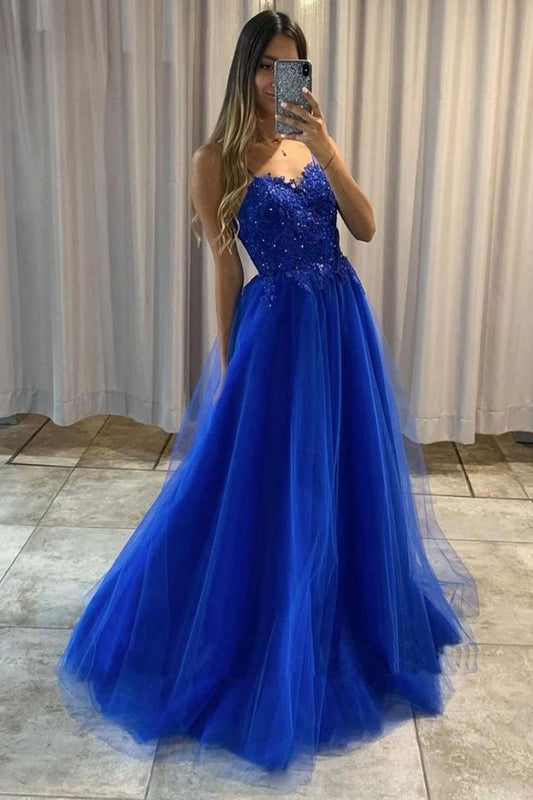 Blue Sleeveless A Line Tulle Lace Long Evening Dresses