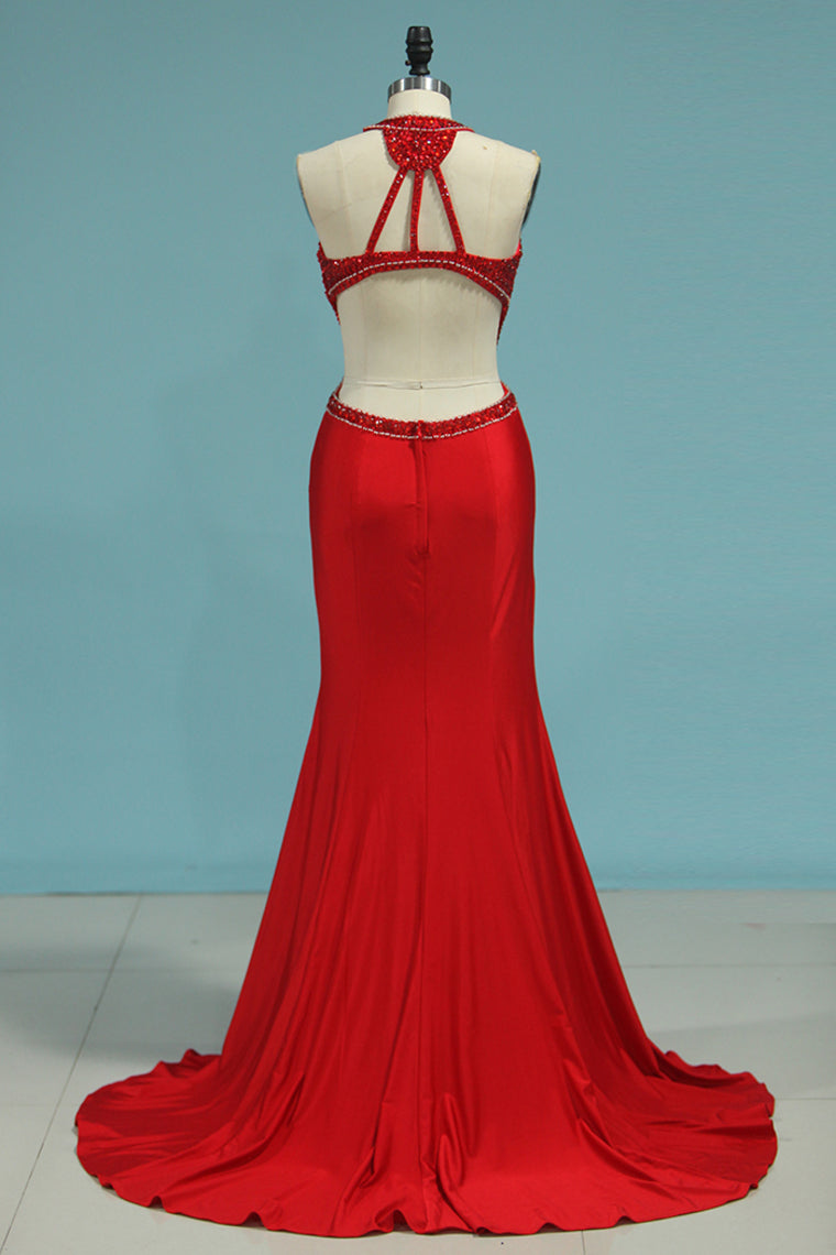 2024 New Arrival Scoop Mermaid Prom Dresses Spandex With Beads And Slit