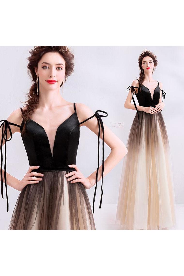 Black Deep V Neck Sleeveless Floor Length Tulle Prom Dress