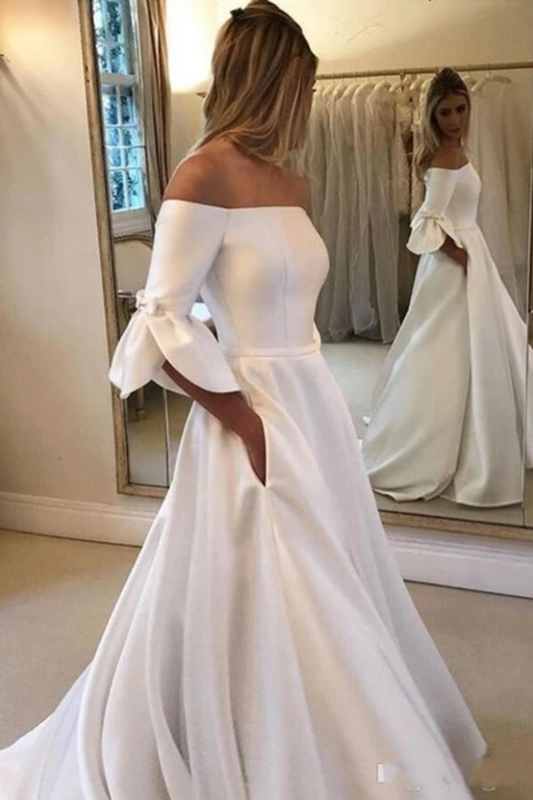 Simple Half Sleeves A Line Wedding Dresses, Elegant Sweep Train Wedding Dresses