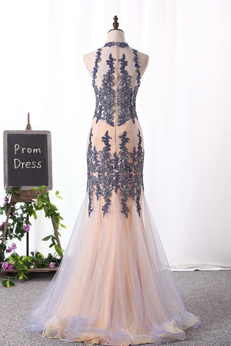 2024 New Arrival Scoop High Neck Tulle With Applique And Beads Mermaid Prom Dresses