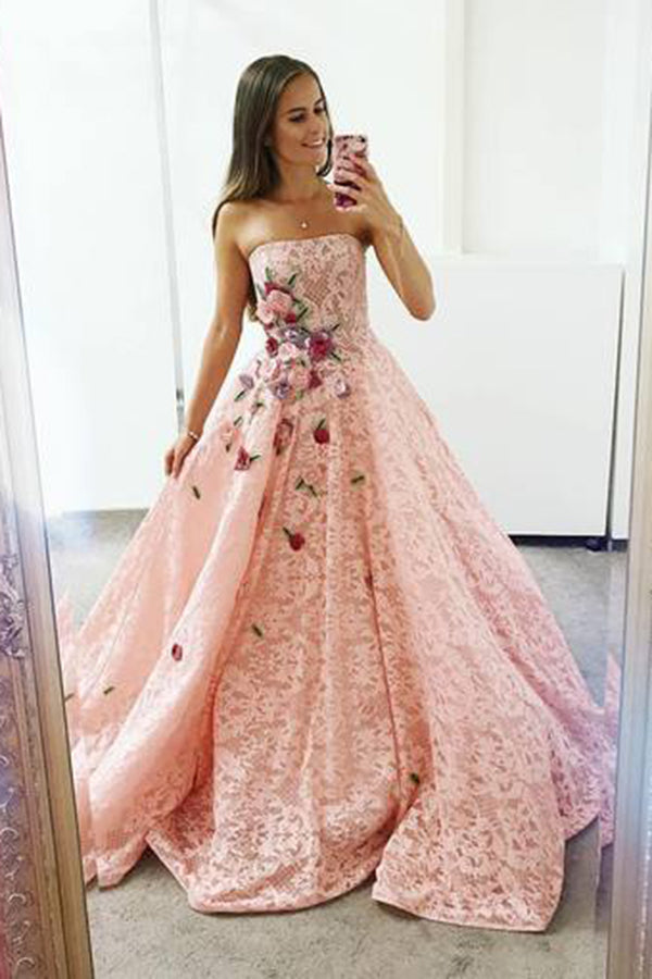 Pink Strapless Lace A Line Prom Dresses Ball Gown with Appliques