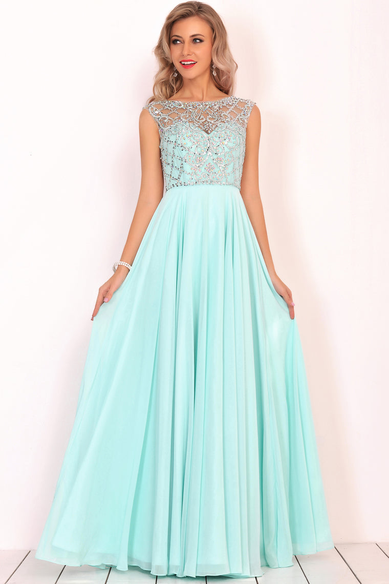 2024 A Line Boat Neck Chiffon Prom Dresses With Beading Floor Length