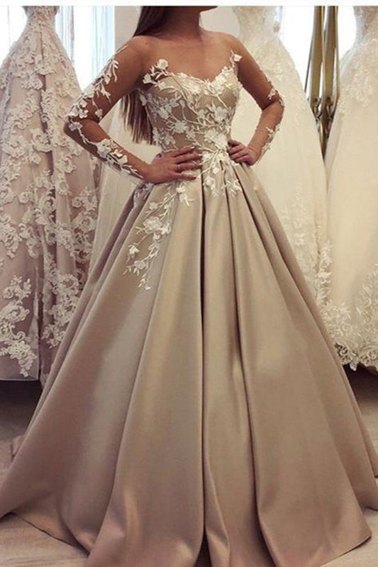 Elegant Sweetheart Long Sleeves Satin A Line Prom Dresses with Appliques