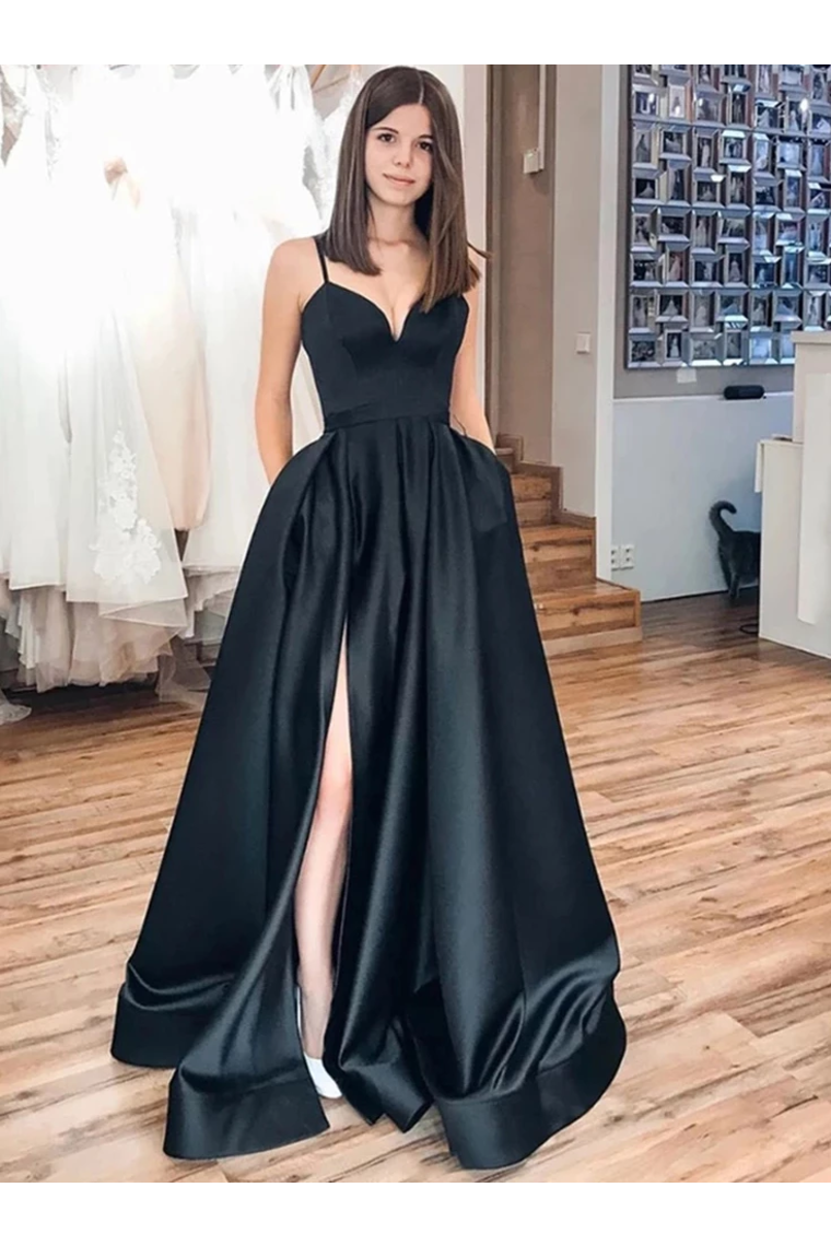 Black Spaghetti Straps Split Long Satin Prom Dress, A Line Simple Long Formal Dress