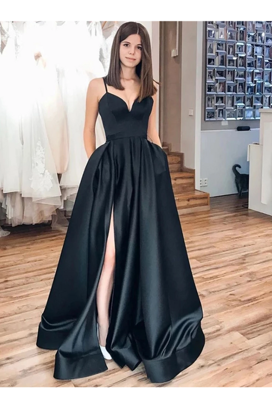 Black Spaghetti Straps Split Long Satin Prom Dress, A Line Simple Long Formal Dress