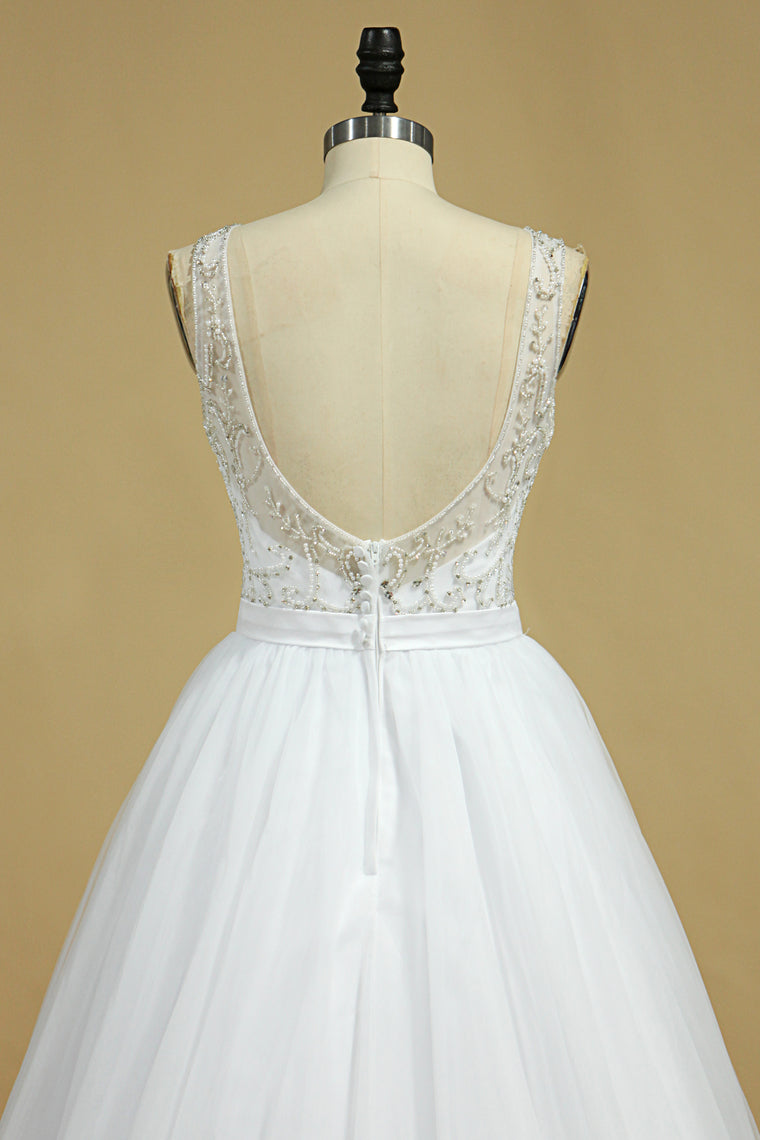 2024 A Line Bateau Open Back Beaded Bodice Tulle Court Train Wedding Dresses