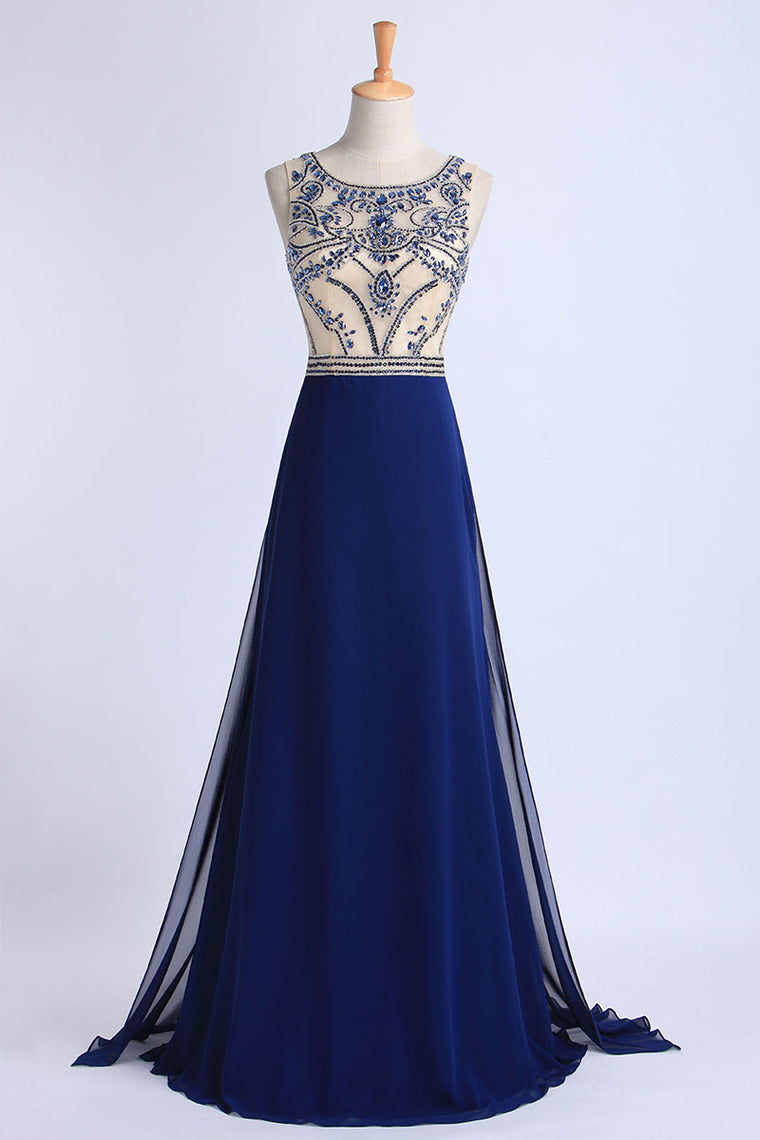 Stunning Prom Dresses Champagne Beaded Bodice And Back A-Line Scoop Sweep/Brush Chiffon