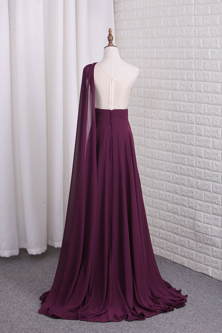 2024 One Shoulder A Line Chiffon Prom Dresses With Ruffles Sweep Train