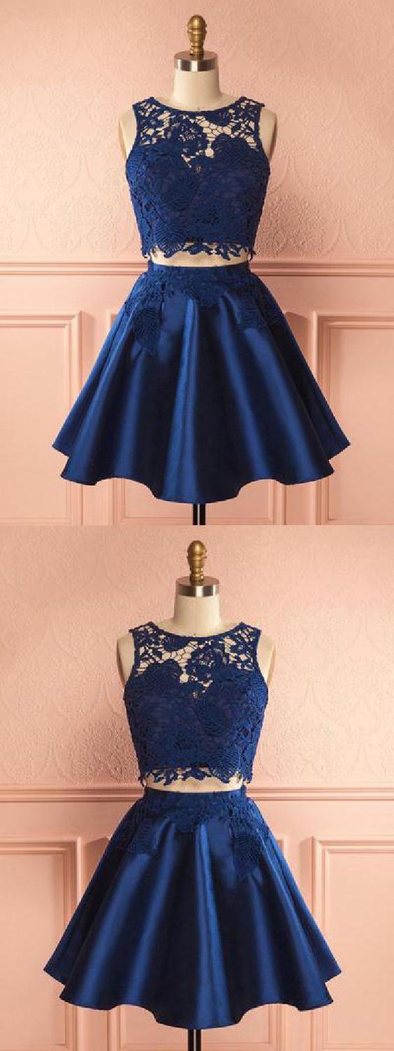 2 Pieces Navy Liliana Two Pieces Satin Homecoming Dresses Lace Blue Party Dress