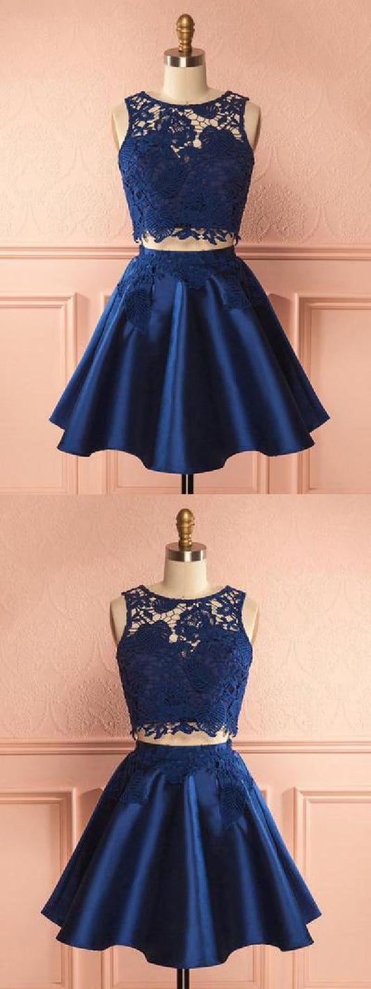 2 Pieces Navy Liliana Two Pieces Satin Homecoming Dresses Lace Blue Party Dress