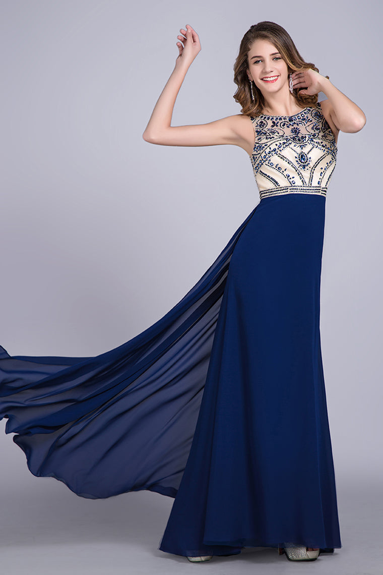 2024 Prom Dresses Scoop A Line Full Length Beaded Tulle Bodice With Chiffon Skirt Ready To Ship