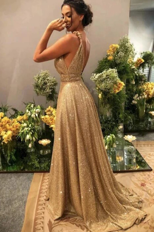 Gold V Neck Sequins Formal Dresses, A Line Sleeveless Sparkly Sweep Train Prom Dresses