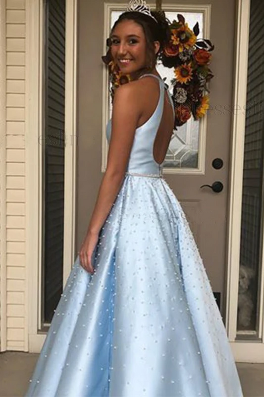 Open Back Floor Length Prom Dress With Pearls, A Line Sleeveless Formal Dress