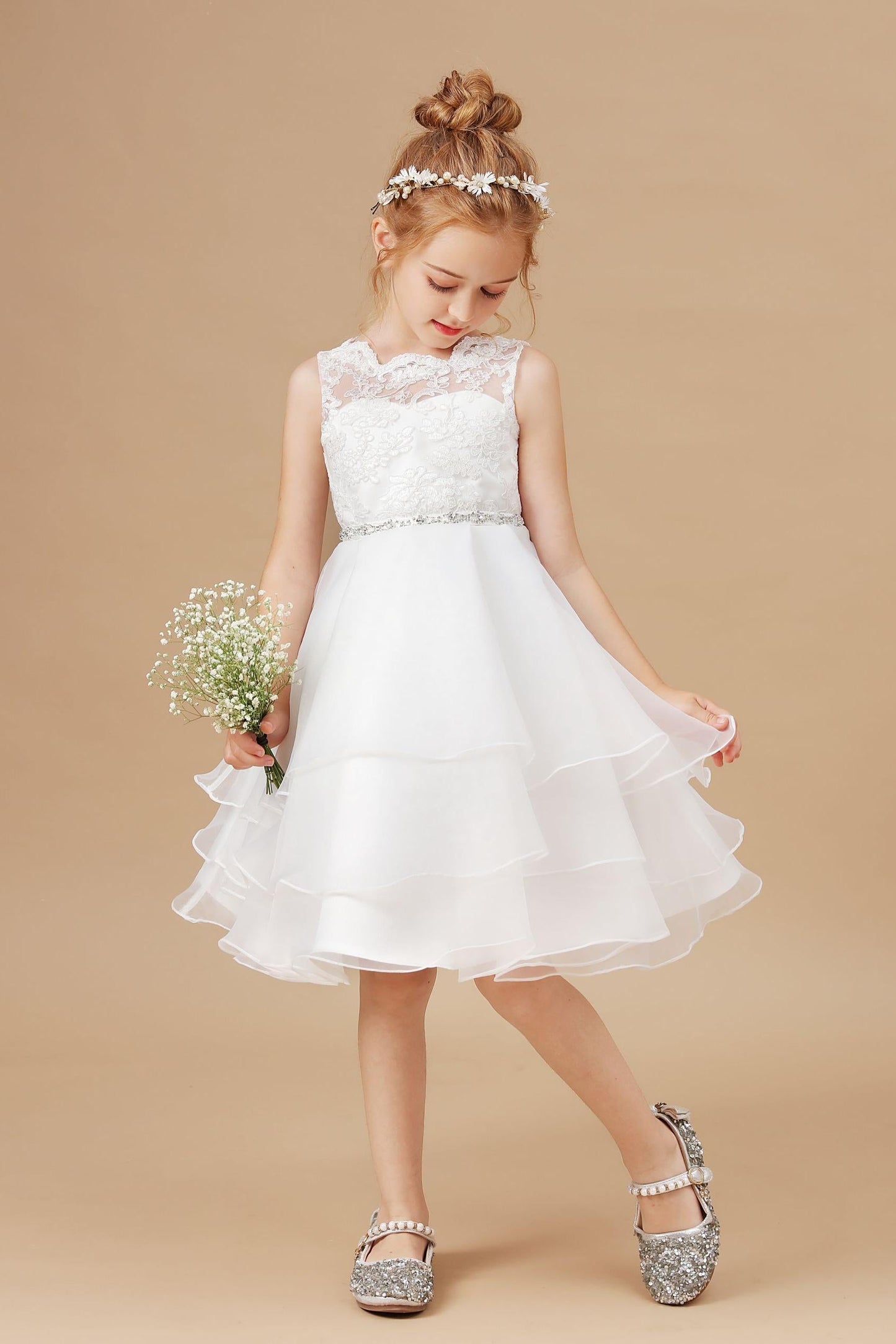 Ruffles Sleeveless Organza Applique Tulle Flower Girl Dresses With Rhinestone Sash