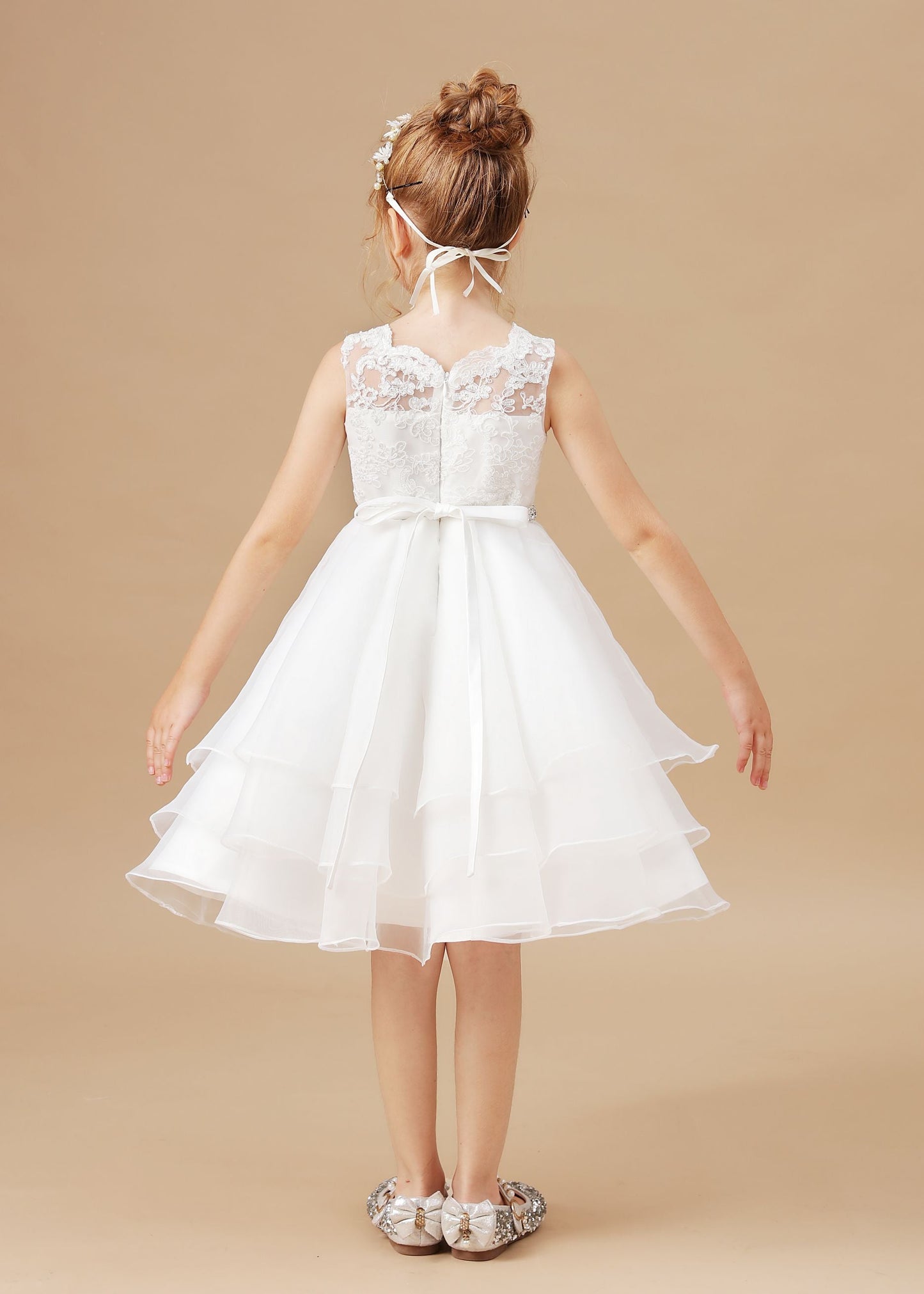 Ruffles Sleeveless Organza Applique Tulle Flower Girl Dresses With Rhinestone Sash