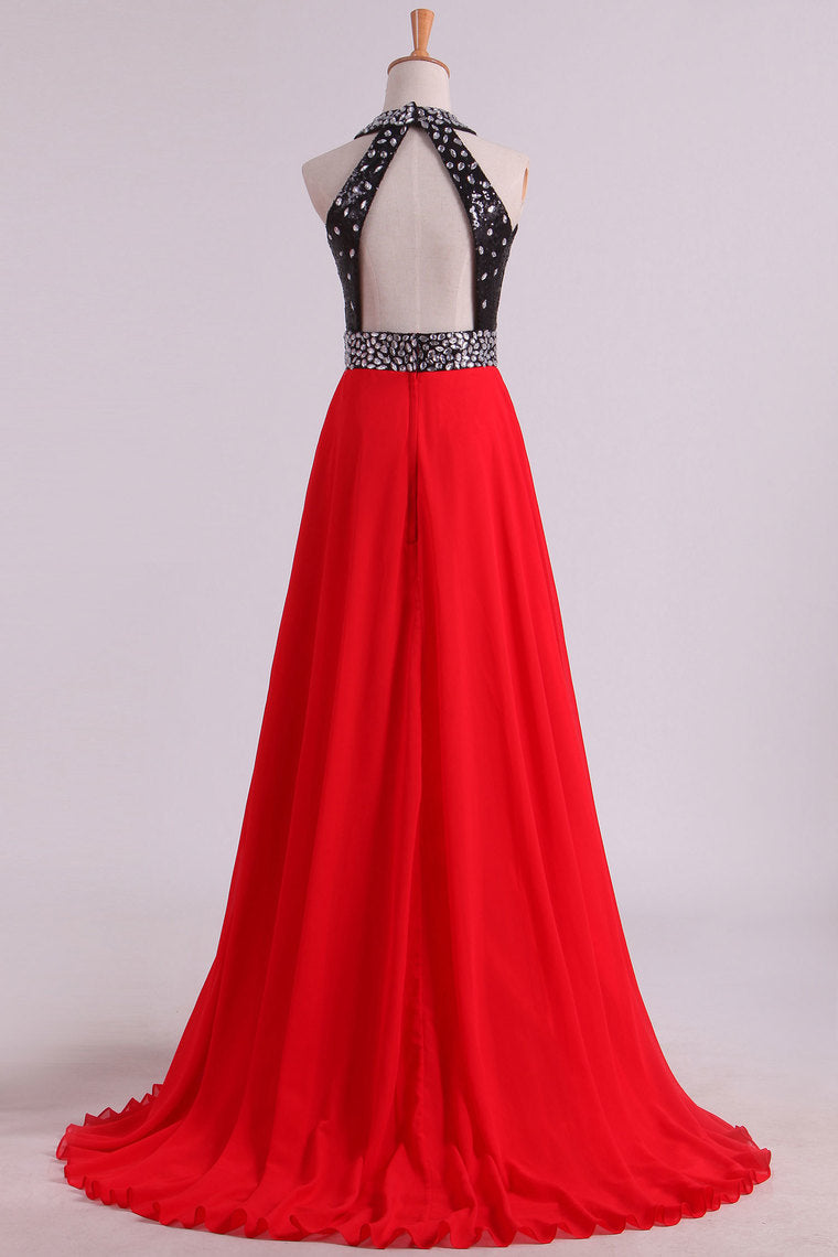 2024 Bicolor Halter A Lline Prom Dresses Sequined Bodice Sweep Train Chiffon