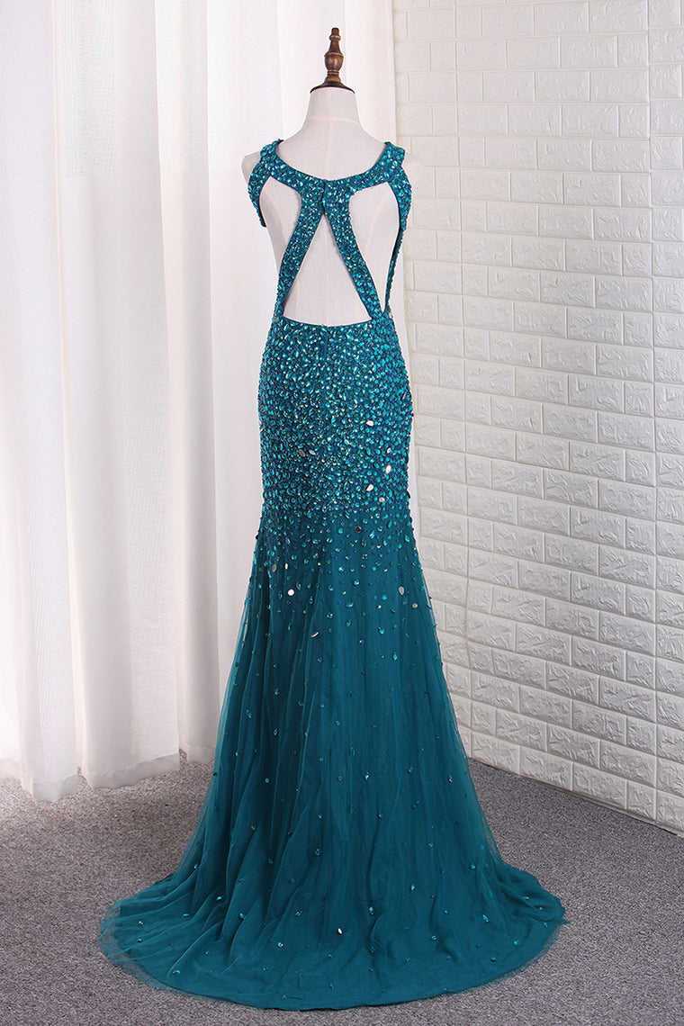 2024 Straps Mermaid Prom Dresses Tulle With Beads And Slit Open Back