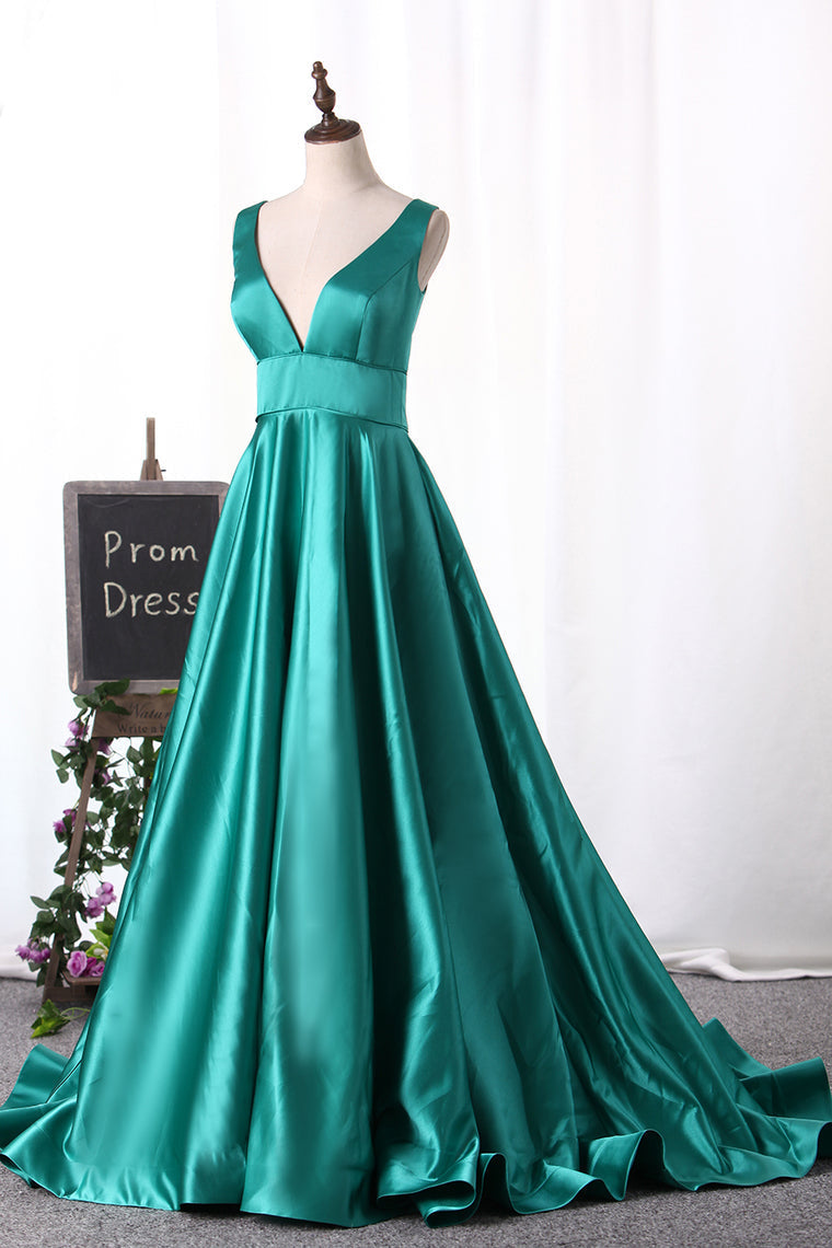 2024 V Neck Evening Dresses A Line Satin Sweep Train Open Back