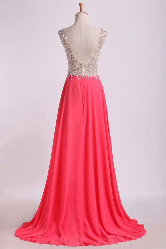 2024 V Neck Beaded Bodice Prom Dresses A Line Sweep Train Chiffon&Tulle