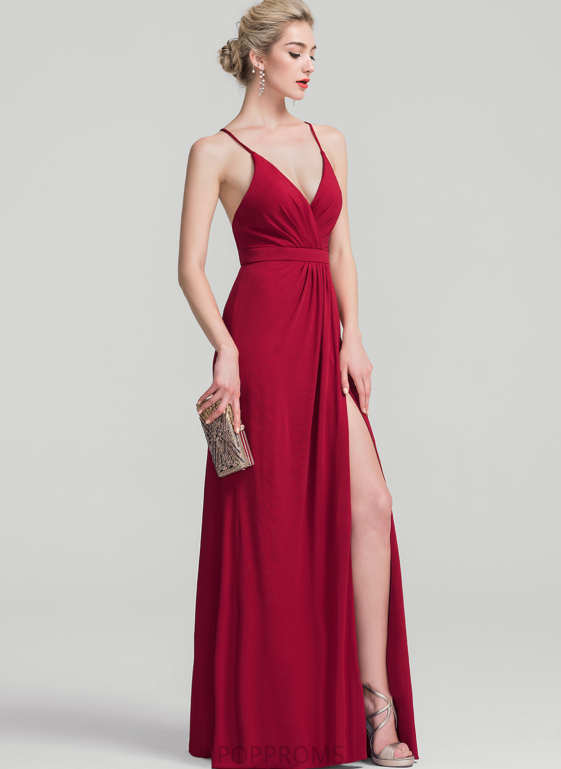 V-neck Floor-Length Kaleigh Sheath/Column With Pleated Prom Dresses Jersey