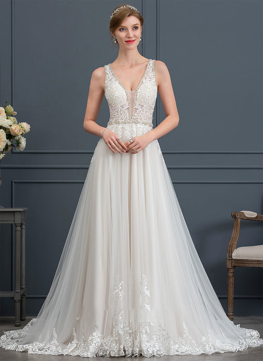 Train Dress Wedding Dresses Tulle With Ball-Gown/Princess Kamila Beading Court Wedding Sequins V-neck