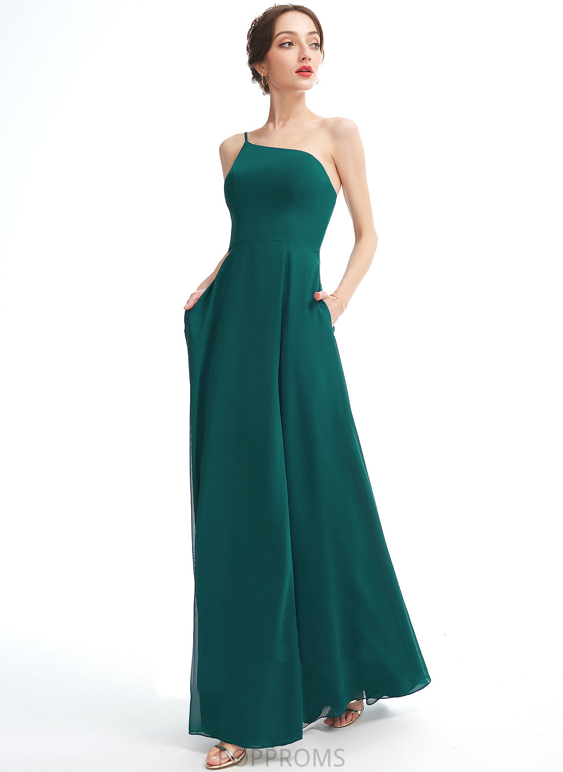 One-Shoulder Silhouette Pockets A-Line Length SplitFront Floor-Length Fabric Neckline Embellishment Ainsley Natural Waist Bridesmaid Dresses