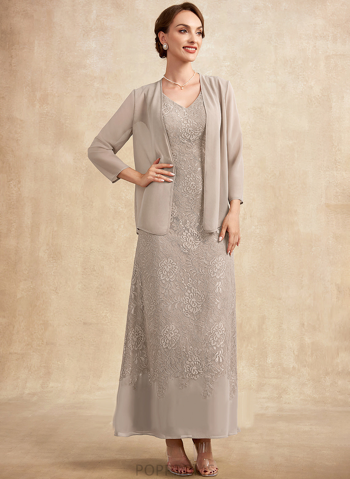 Ankle-Length Chiffon Dress of V-neck Bride Lace Mother of the Bride Dresses Janessa the Mother A-Line