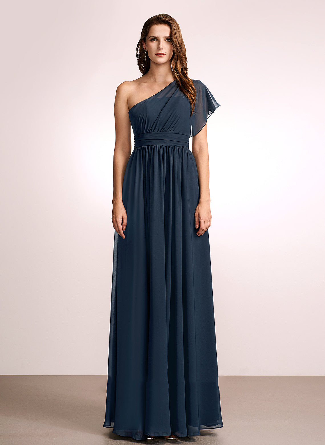 One-Shoulder Floor-Length A-Line Silhouette Neckline Ruffle Fabric Embellishment Length Pearl Sleeveless Straps Bridesmaid Dresses