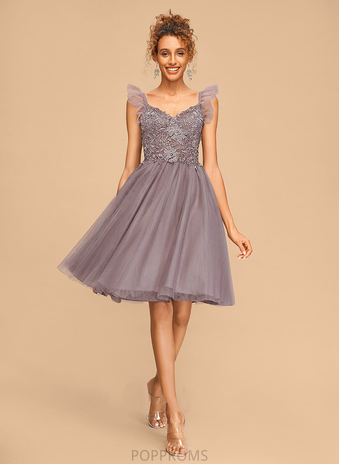 Knee-Length Dress Lace Ruffles Homecoming Homecoming Dresses A-Line Tulle V-neck Paige With Cascading