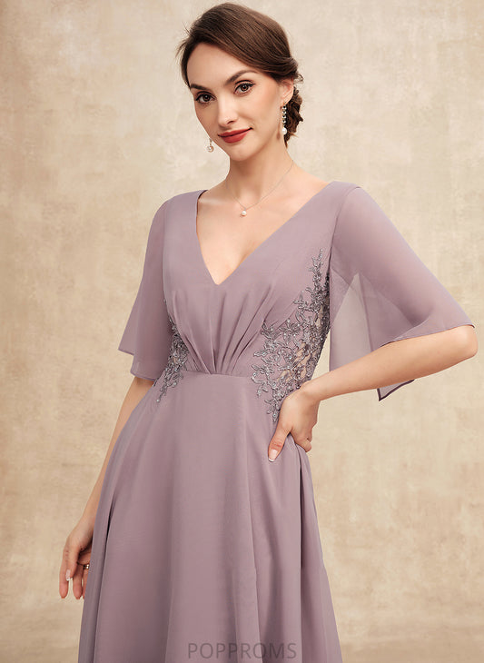 Ruffle the Asymmetrical Bride Chiffon Jasmin A-Line Mother Dress Lace Beading With Mother of the Bride Dresses of V-neck