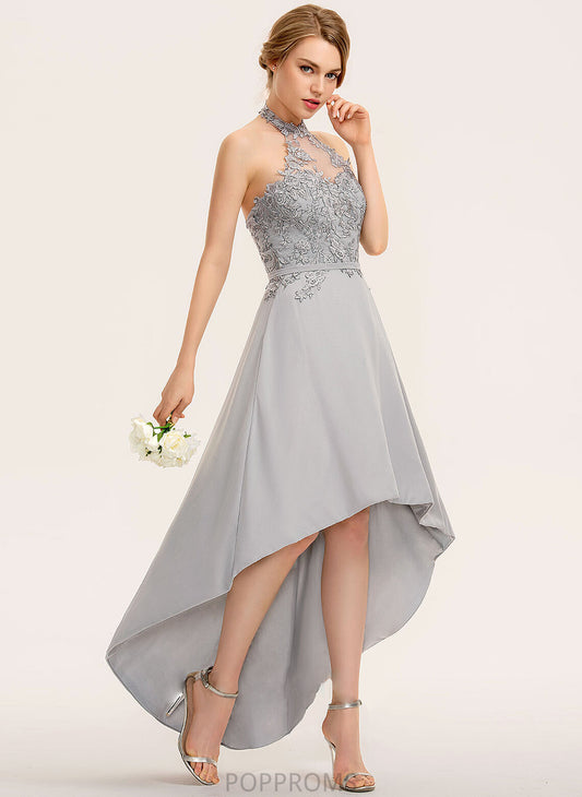 Lace Neckline Fabric Straps Silhouette Halter A-Line Length Asymmetrical Nataly A-Line/Princess Sleeveless Bridesmaid Dresses