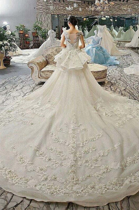 Ivory Ball Gown Chapel Train Capped Sleeve Appliques Beading Wedding Dresses