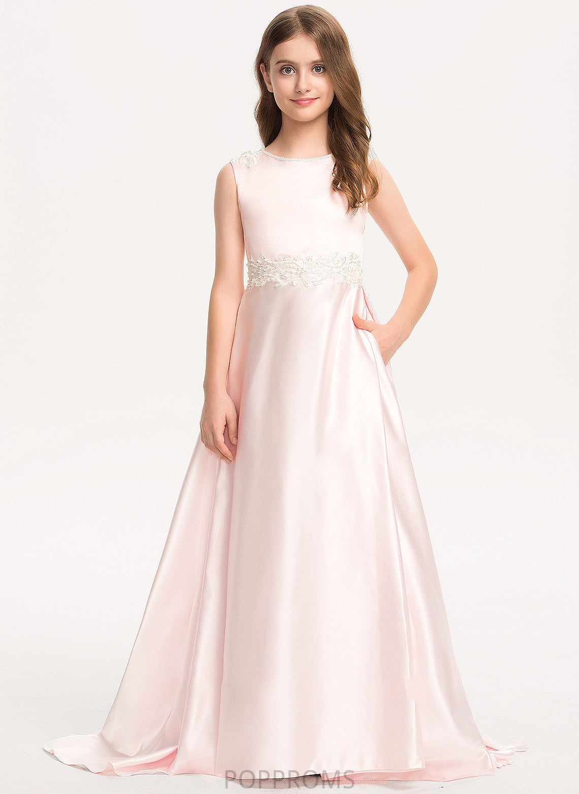 With Train A-Line Bow(s) Sweep Lace Maia Pockets Satin Junior Bridesmaid Dresses Scoop Neck