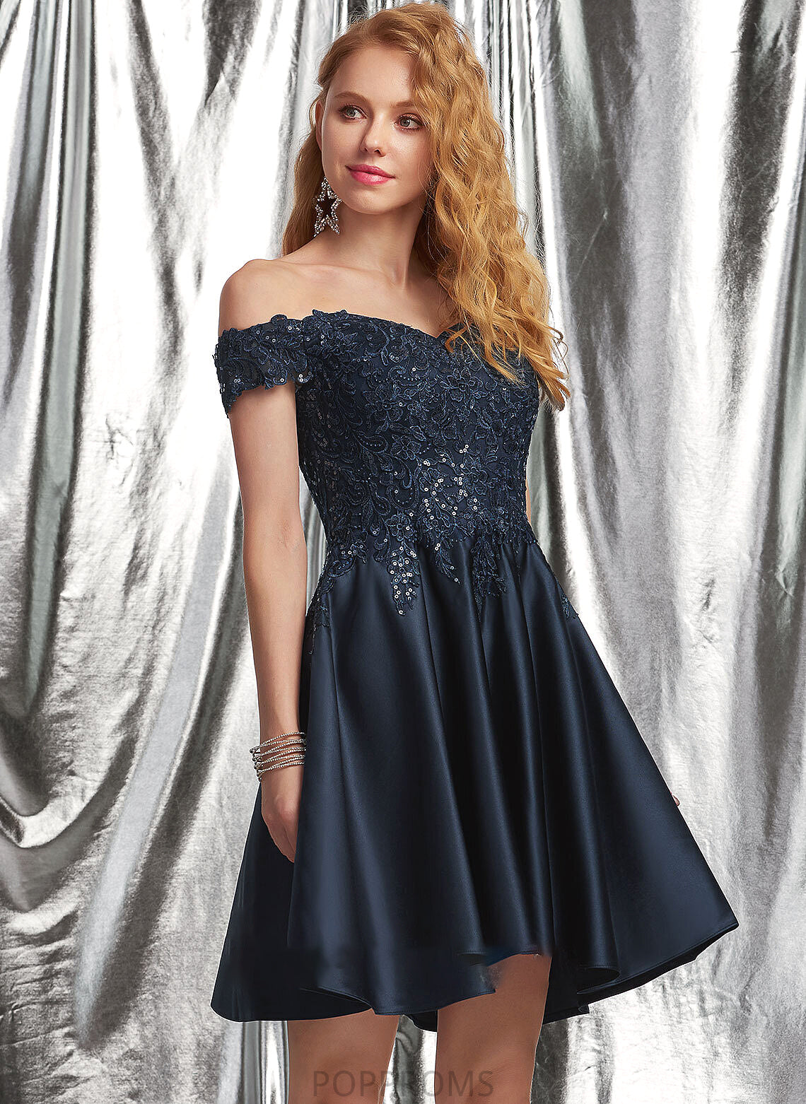 Sequins With Marianna Short/Mini A-Line Lace Off-the-Shoulder Satin Prom Dresses