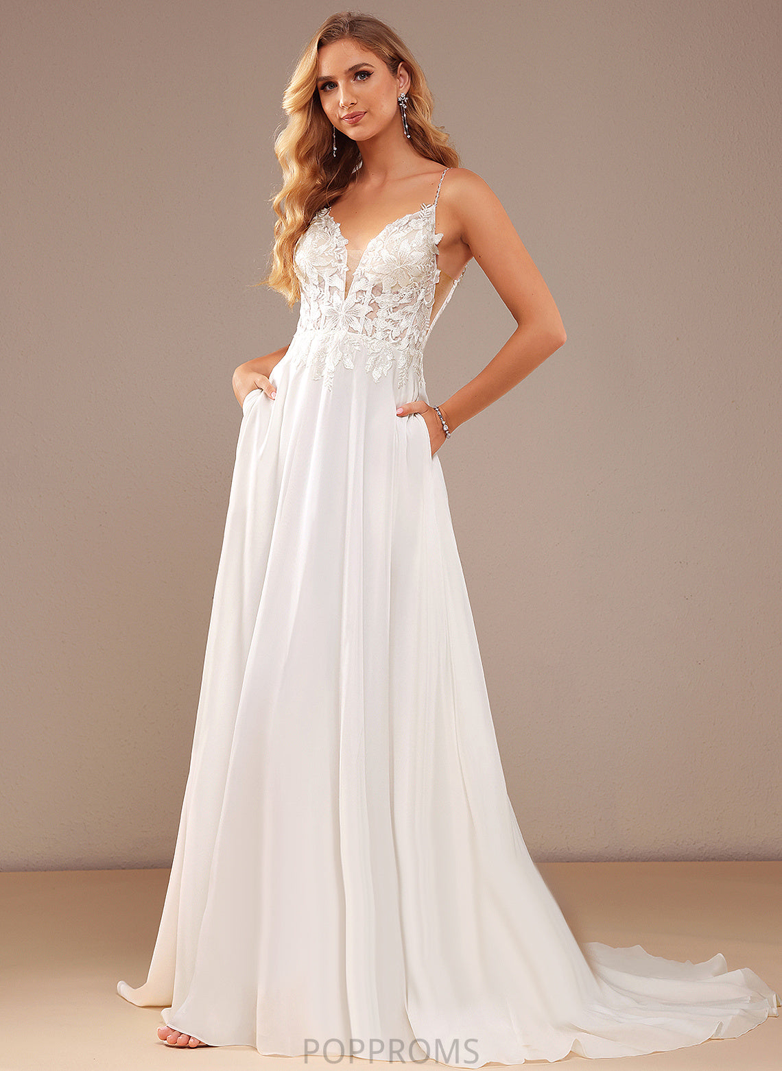 With Wedding Sequins Eliza V-neck Dress Feather Lace Court Chiffon A-Line Pockets Beading Train Wedding Dresses Lace