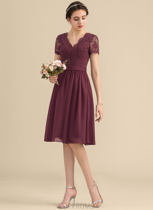 Knee-Length Lace Fabric Embellishment Length A-Line Silhouette V-neck Neckline Jane Sleeveless Natural Waist Bridesmaid Dresses