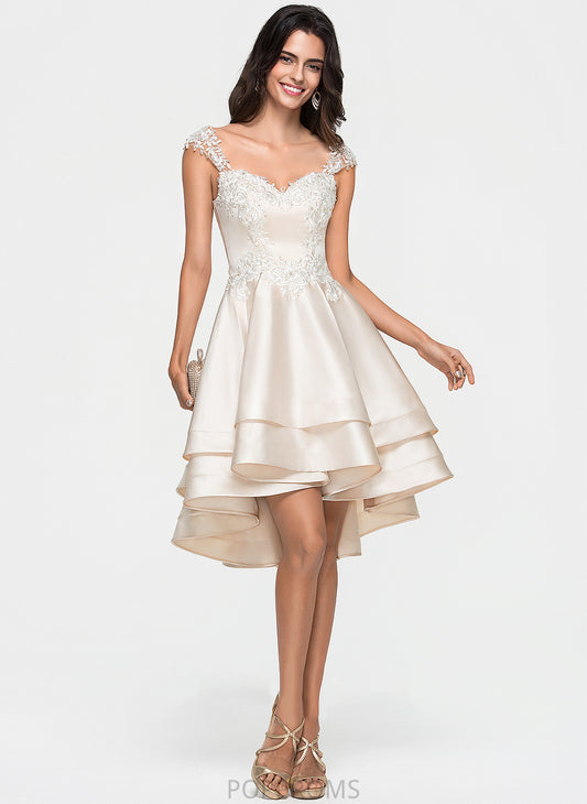 Lace Beading A-Line Satin Ruffles Cascading With Sweetheart Asymmetrical Prom Dresses Marilyn